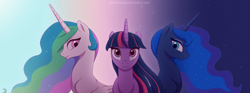 Size: 1827x682 | Tagged: safe, artist:akeahi, imported from derpibooru, princess celestia, princess luna, twilight sparkle, alicorn, pony, day, female, looking at you, mare, night, older, twilight (astronomy), twilight sparkle (alicorn)