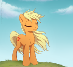 Size: 1000x909 | Tagged: safe, artist:akeahi, imported from derpibooru, applejack, earth pony, pony, eyes closed, female, hatless, loose hair, mare, missing accessory, outdoors, smiling, solo, windswept mane