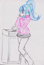 Size: 1482x2199 | Tagged: safe, artist:elgatosabio, imported from derpibooru, sonata dusk, equestria girls, clothes, crying, female, phone, ponytail, skirt, socks, solo, sweater, telephone, traditional art