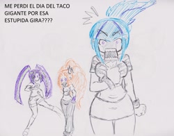 Size: 2825x2220 | Tagged: safe, artist:elgatosabio, imported from derpibooru, adagio dazzle, aria blaze, sonata dusk, equestria girls, angry, female, spanish, sweatdrop, traditional art, translated in the comments, trio, unamused