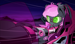 Size: 2197x1301 | Tagged: safe, artist:xn-d, imported from derpibooru, oc, oc:heartbeat, bat pony, pony, crossover, fangs, goggles, hoverbike, open mouth, redline, smiling, style emulation