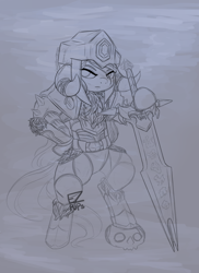 Size: 1280x1759 | Tagged: safe, artist:saber-panda, imported from derpibooru, fluttershy, pony, armor, badass, bipedal, female, flutterbadass, sketch, skull, solo, sword, weapon, wip