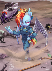 Size: 1024x1388 | Tagged: safe, artist:moenkin, imported from derpibooru, rainbow dash, anthro, unguligrade anthro, alternate timeline, apocalypse dash, badass, battlefield, crystal war timeline, dead, decapitated, female, hand on hip, helmet, implied murder, looking at you, scar, severed head, solo, spear, torn ear, war, weapon