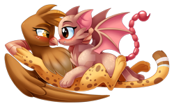 Size: 1600x982 | Tagged: safe, artist:centchi, imported from derpibooru, oc, oc only, oc:astrid, oc:squiggles, griffon, manticore, armpits, female, lesbian, watermark