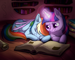 Size: 1000x800 | Tagged: safe, artist:bugiling, artist:kallarmo, imported from derpibooru, rainbow dash, twilight sparkle, alicorn, pony, book, cuddling, eyes closed, female, glowing horn, hug, lesbian, magic, mare, prone, shipping, sleeping, snuggling, twidash, twilight sparkle (alicorn), winghug