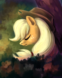 Size: 800x1000 | Tagged: safe, artist:bugiling, artist:kallarmo, imported from derpibooru, applejack, eyes closed, female, forest, solo