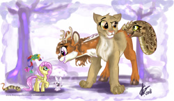 Size: 1385x801 | Tagged: safe, artist:vago-xd, imported from derpibooru, angel bunny, fluttershy, butterfly, chimera, deer, ferret, parrot, pegasus, pony, snake, tree