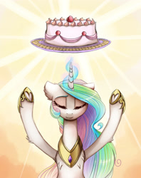 Size: 1600x2017 | Tagged: safe, artist:magnaluna, imported from derpibooru, princess celestia, pony, cake, cakelestia, eyes closed, female, floppy ears, fluffy, food, glowing horn, levitation, magic, mare, smiling, solo, telekinesis, underhoof