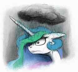 Size: 800x737 | Tagged: safe, artist:hewison, imported from derpibooru, princess celestia, female, floppy ears, rain, solo, stormcloud, wet mane