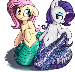 Size: 317x307 | Tagged: safe, artist:shydale, artist:yoditax, imported from derpibooru, fluttershy, rarity, lamia, original species, belly button, collaboration, duo, female, flockmod, fluttersnake, lamiafied, lamiashy, lamity, simple background, species swap, white background