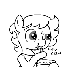 Size: 640x600 | Tagged: safe, artist:ficficponyfic, imported from derpibooru, oc, oc only, oc:ruby rouge, earth pony, pony, colt quest, bowl, chewing, clothes, dinner, doubt, eating, female, filly, food, mashed potatoes, potato, raised eyebrow, spoon, story included, tomboy