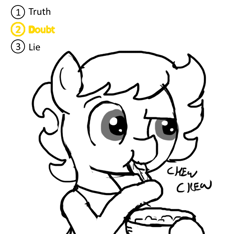 Size: 640x600 | Tagged: safe, artist:ficficponyfic, edit, imported from derpibooru, oc, oc only, oc:ruby rouge, earth pony, pony, colt quest, bowl, chewing, clothes, dinner, doubt, eating, female, filly, interrogation, l.a. noire, spoon