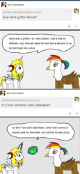 Size: 756x1649 | Tagged: safe, artist:ask-luciavampire, imported from derpibooru, oc, oc only, alicorn, griffon, pony, vampire, vampony, tumblr:ask-luciavampire, alicorn oc, ask, cabbage, food, tumblr