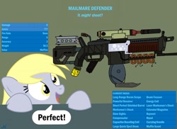 Size: 1280x931 | Tagged: safe, artist:nuka-kitty, imported from derpibooru, derpy hooves, pegasus, pony, crossover, fallout, fallout 4, female, funny, gun, mare, modified, silly, weapon, what has science done