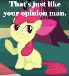 Size: 706x782 | Tagged: safe, edit, imported from derpibooru, screencap, apple bloom, hearts and hooves day (episode), annoyed, hearts and hooves day, text edit, the big lebowski, tree, unamused