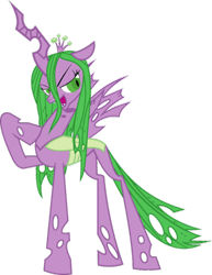 Size: 786x1016 | Tagged: safe, artist:blah23z, edit, imported from derpibooru, queen chrysalis, spike, changeling, changeling queen, female, hoof on chest, open mouth, palette swap, recolor, simple background, solo, transparent background, vector