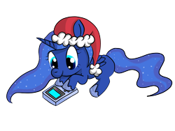 Size: 1600x1200 | Tagged: safe, artist:lilmisswaffles, imported from derpibooru, princess luna, gamer luna, female, filly, game boy, hat, holiday, pokémon, ponymon, princess, prone, santa hat, santa woona, simple background, solo, video game, woona