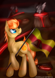 Size: 1600x2263 | Tagged: safe, artist:julunis14, imported from derpibooru, oc, oc only, oc:ember, oc:ember (appleberryember), earth pony, fire pony, pony, flag, lava, solo, vulcan