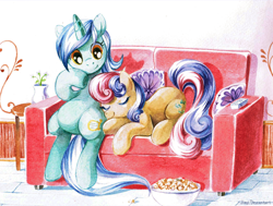 Size: 1224x927 | Tagged: dead source, safe, artist:jiayi, imported from derpibooru, bon bon, lyra heartstrings, sweetie drops, earth pony, pony, unicorn, adorabon, couch, cute, female, food, lesbian, lyrabetes, lyrabon, painting, popcorn, shipping, sitting, sitting lyra, sleeping, traditional art, watercolor painting