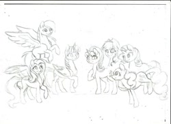 Size: 1024x745 | Tagged: safe, artist:twixyamber, imported from derpibooru, applejack, fluttershy, pinkie pie, rainbow dash, rarity, starlight glimmer, twilight sparkle, alicorn, pony, female, mane six, mare, monochrome, sketch, twilight sparkle (alicorn)