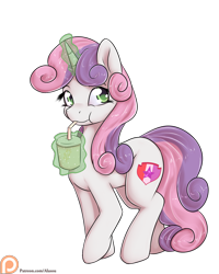 Size: 1200x1500 | Tagged: safe, artist:alasou, imported from derpibooru, sweetie belle, pony, unicorn, bendy straw, cute, cutie mark, diasweetes, drink, drinking, drinking straw, female, glowing horn, levitation, looking at you, magic, mare, older, patreon, patreon logo, simple background, solo, straw, telekinesis, the cmc's cutie marks, transparent background