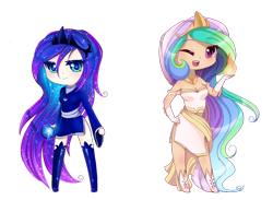 Size: 1600x1169 | Tagged: safe, artist:magnaluna, imported from derpibooru, princess celestia, princess luna, human, chibi, clothes, dress, fire, humanized, wink