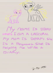 Size: 2400x3300 | Tagged: safe, artist:aaronmk, imported from derpibooru, derpy hooves, dinky hooves, pegasus, pony, diary, dinky hooves's diary, female, handwriting, lined paper, mare, misspelling