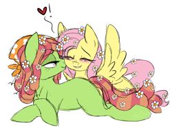 Size: 1200x891 | Tagged: safe, artist:flutterhugger, imported from derpibooru, fluttershy, tree hugger, blushing, female, flutterhugger, heart, kissing, lesbian, missing cutie mark, shipping, simple background, white background