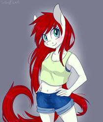 Size: 2100x2500 | Tagged: safe, artist:silbersternenlicht, imported from derpibooru, oc, oc only, oc:primavera, anthro, adorasexy, belly button, booty shorts, clothes, commission, cute, eyebrows, eyebrows visible through hair, hand on hip, looking at you, midriff, sexy, short shirt, shorts, signature, solo, tanktop