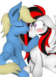 Size: 1280x1760 | Tagged: safe, artist:theartistsora, imported from derpibooru, oc, oc only, oc:synthis, oc:thedoctorsora, pegasus, pony, female, kissing, male, shipping, straight, synsora