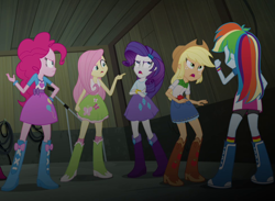 Size: 974x714 | Tagged: safe, edit, edited screencap, imported from derpibooru, screencap, applejack, fluttershy, pinkie pie, rainbow dash, rarity, equestria girls, rainbow rocks, angry, argument, cropped, turning against each other