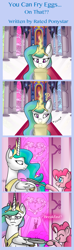 Size: 539x1816 | Tagged: safe, artist:meownimator, imported from derpibooru, pinkie pie, princess celestia, celestia is not amused, comic, fried egg, frying pan, pinkie being pinkie, sunbutt, unamused