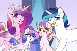 Size: 1200x800 | Tagged: safe, artist:rainbowdrool, imported from derpibooru, princess cadance, princess flurry heart, princess skyla, shining armor, pony, unicorn, tumblr:from dust to mist, spoiler:s06, alternate universe, crystal sisters, family, family photo, from dust to mist, grin, looking at you, male and female, offspring, open mouth, parent:princess cadance, parent:shining armor, parents:shiningcadance, race swap, sisters, translucent mane