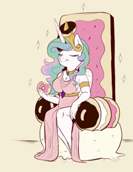 Size: 2000x2578 | Tagged: safe, artist:evehly, imported from derpibooru, princess celestia, alicorn, anthro, bread, breasts, cleavage, donut, donutlestia, eyes closed, female, food, high res, pastry, side slit, sitting, smiling, solo, throne