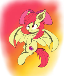 Size: 1024x1229 | Tagged: safe, artist:theartistsora, imported from derpibooru, apple bloom, bat pony, pony, bat ponified, bloombat, cutie mark, fangs, female, filly, race swap, red eyes, solo, the cmc's cutie marks