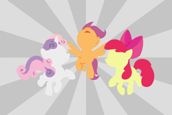 Size: 2000x1333 | Tagged: safe, artist:5h3113y, imported from derpibooru, apple bloom, scootaloo, sweetie belle, earth pony, pegasus, pony, unicorn, crusaders of the lost mark, cutie mark crusaders, female, filly, minimalist, sunburst background