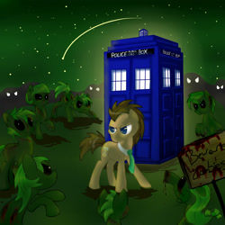 Size: 2500x2500 | Tagged: safe, artist:friendlyraccoon, imported from derpibooru, doctor whooves, time turner, earth pony, pony, zombie, crossover, doctor who, male, necktie, stallion, tardis, the doctor