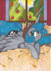 Size: 1123x1573 | Tagged: safe, artist:colouredteapot, imported from derpibooru, princess luna, barn, bedroom eyes, female, hat, hay, implied lunajack, implied shipping, lying down, markers, missing accessory, pattern, solo, spread wings, traditional art