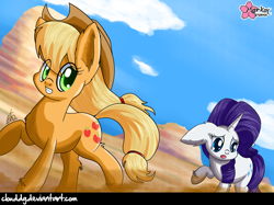 Size: 1202x900 | Tagged: safe, artist:clouddg, imported from derpibooru, applejack, rarity, dirt, duo, looking back, looking down, open mouth, raised hoof, signature