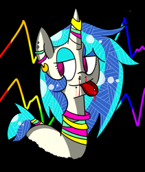 Size: 1012x1199 | Tagged: safe, artist:colouredteapot, imported from derpibooru, dj pon-3, vinyl scratch, :p, blood, earring, eyeshadow, female, horn ring, makeup, nosebleed, pattern, piercing, solo, tongue out