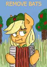 Size: 162x229 | Tagged: safe, artist:colouredteapot, imported from derpibooru, applejack, bats!, dat face soldier, female, flockmod, parody, picture for breezies, remove kebab, solo