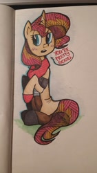 Size: 720x1280 | Tagged: safe, artist:colouredteapot, imported from derpibooru, sunset shimmer, pony, clothes, crossover, female, markers, metal gear, pattern, revolver ocelot, solo, speech bubble, traditional art, uniform