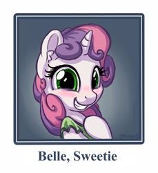 Size: 1100x1202 | Tagged: safe, artist:bobdude0, imported from derpibooru, sweetie belle, pony, unicorn, blushing, clothes, cute, diasweetes, female, filly, looking at you, smiling, solo, yearbook photo