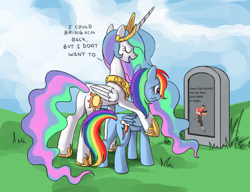 Size: 910x700 | Tagged: safe, artist:php58, artist:ponykillerx, edit, imported from derpibooru, princess celestia, rainbow dash, alicorn, pegasus, pony, bitchlestia, butt, celestia's grave meme, crossing the line twice, exploitable meme, female, grave, gravestone, implied death, mare, meme, plot, scout, spy, team fortress 2, trollestia