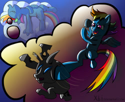 Size: 1600x1305 | Tagged: safe, artist:xbi, imported from derpibooru, rainbow dash, changeling, pony, action pose, dream, fight