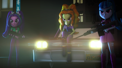 Size: 3840x2160 | Tagged: safe, artist:bastbrushie, imported from derpibooru, adagio dazzle, aria blaze, sonata dusk, equestria girls, 3d, amulet, boots, building, car, clothes, female, fingerless gloves, gem, gloves, gun, necklace, optical sight, pants, rifle, siren gem, sitting, skirt, sniper rifle, socks, solo, source filmmaker, spikes, the dazzlings, vehicle, weapon