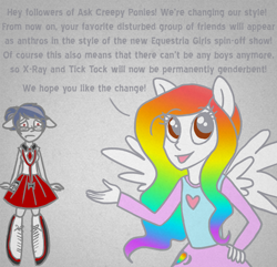 Size: 700x675 | Tagged: safe, artist:aisu-isme, imported from derpibooru, oc, oc only, oc:artbeat, oc:dr. x-ray, ask the creepy ponies, equestria girls, blushing, equestria girls prototype, equestria girls-ified, glasses, ponied up, rule 63