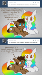 Size: 700x1244 | Tagged: safe, artist:aisu-isme, imported from derpibooru, oc, oc only, oc:artbeat, oc:tick tock, ask the creepy ponies, colt, male