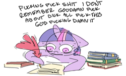 Size: 1227x747 | Tagged: safe, artist:nobody, imported from derpibooru, twilight sparkle, female, panic, quill, solo, sweat, vulgar, writing