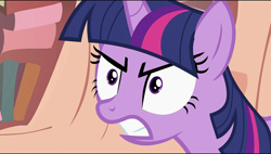 Size: 1280x728 | Tagged: safe, imported from derpibooru, screencap, twilight sparkle, pony, unicorn, season 2, the return of harmony, angry, female, golden oaks library, gritted teeth, mare, narrowed eyes, shrunken pupils, solo, unicorn twilight